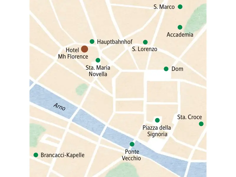 Karte unserer Studienreise in Florenz. Lage des Hotels und wichtiger Sehenswürdigkeiten wie Dom, Accademia und Ponte Vecchio.
