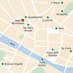 Karte unserer Studienreise in Florenz. Lage des Hotels und wichtiger Sehenswürdigkeiten wie Dom, Accademia und Ponte Vecchio.