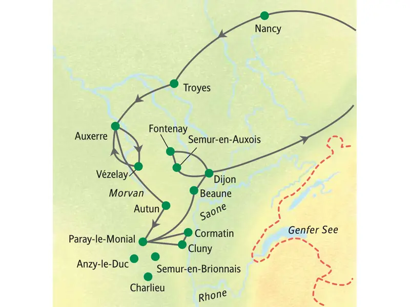 Karte unserer geführten Studienreise im Burgund von Nancy über Auxerre, Paray-le-Monial, Cluny und Dijon.