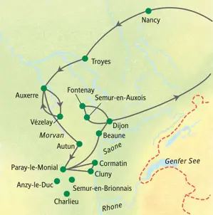 Karte unserer geführten Studienreise im Burgund von Nancy über Auxerre, Paray-le-Monial, Cluny und Dijon.