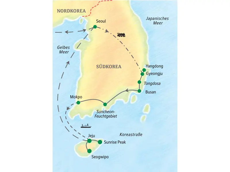 Karte der geführten Studienreise durch Südkorea: Route von Seoul über Gyeongju und Busan bis zur Vulkaninsel Jeju.