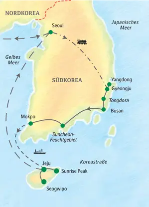 Karte der geführten Studienreise durch Südkorea: Route von Seoul über Gyeongju und Busan bis zur Vulkaninsel Jeju.