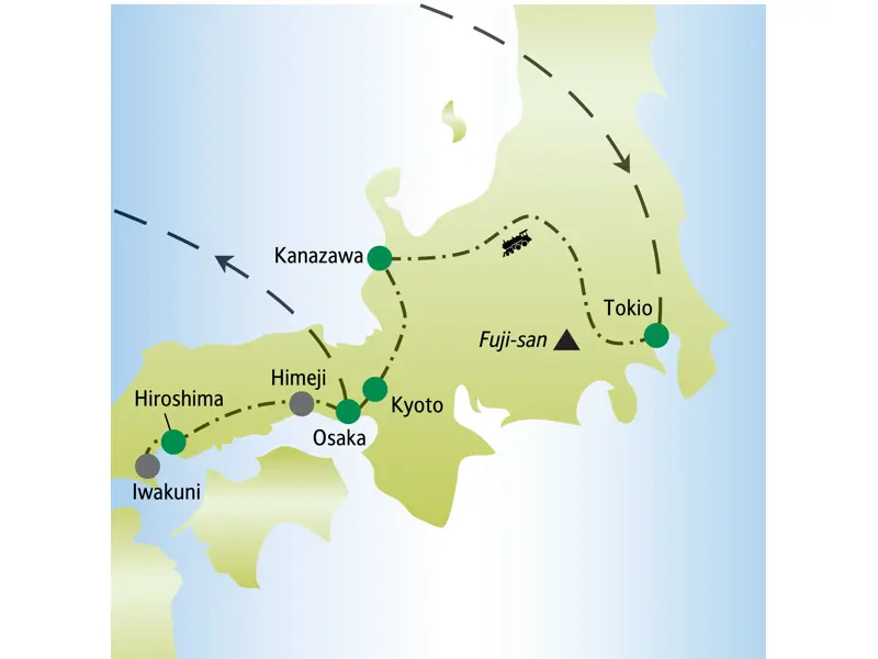 Karte der Japan Singlereise: Der Urlaub für Singles und Alleinreisende führt von Tokio über Kanazawa, Kyoto und Hiroshima nach Osaka.