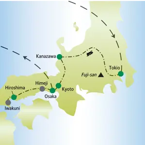 Karte der Japan Singlereise: Der Urlaub für Singles und Alleinreisende führt von Tokio über Kanazawa, Kyoto und Hiroshima nach Osaka.