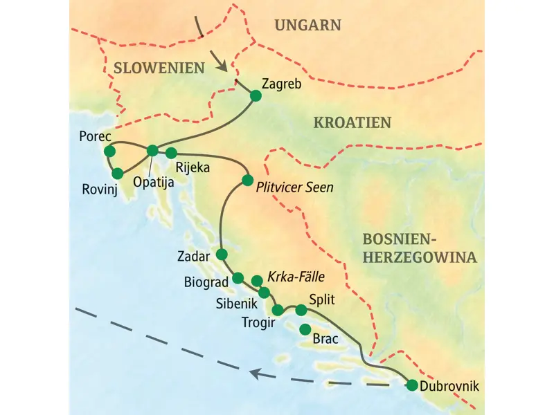 Reiseroute der Kroatien-Studienreise von Zagreb nach Dubrovnik mit den Stationen Istrien, Plitvicer Seen, Zadar und Split.
