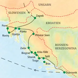 Reiseroute der Kroatien-Studienreise von Zagreb nach Dubrovnik mit den Stationen Istrien, Plitvicer Seen, Zadar und Split.
