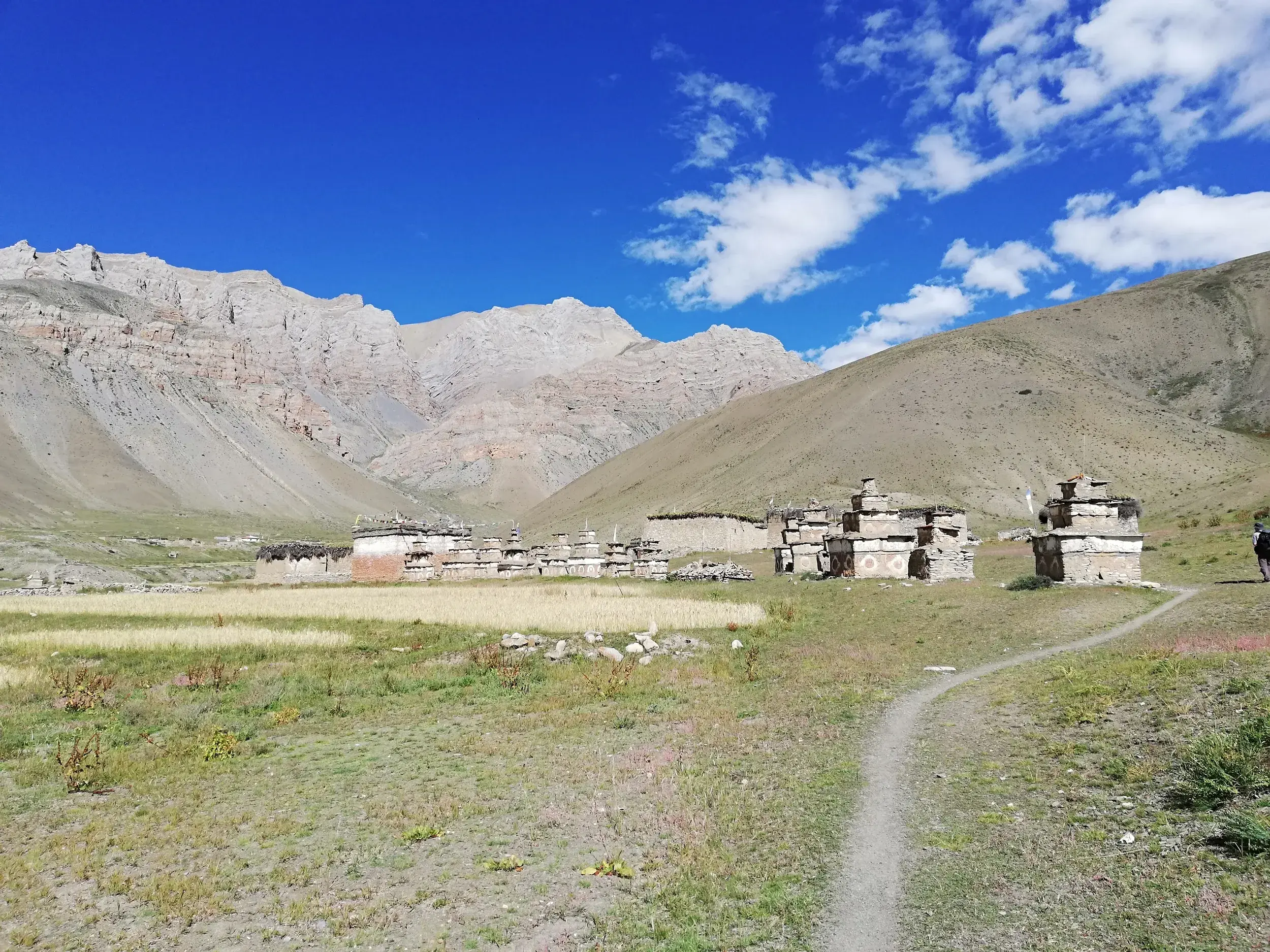 Eine Reihe steinerner Chörten säumt einen Wanderpfad im weiten, kargen Tal von Dolpo, umgeben von Nepals Bergwelt.