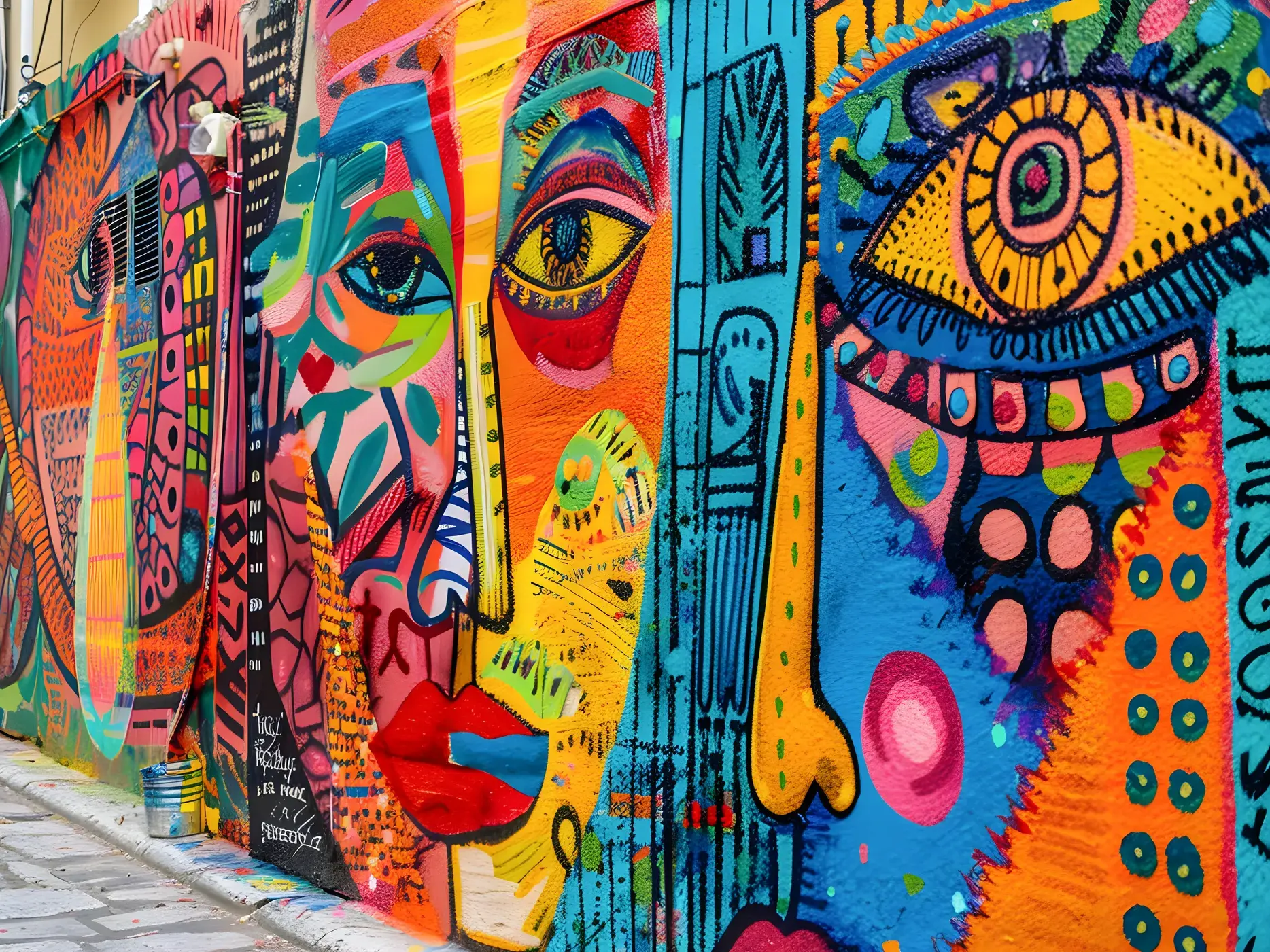 Bunte, detailreiche Street-Art-Kunst mit abstrakten Gesichtern an einer Hausfassade im Stadtviertel Psiri in Athen.