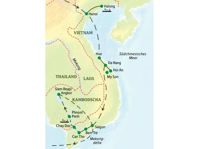 Reiseroute der Studiosus Studienreise durch Vietnam & Kambodscha, von Hanoi über Saigon und Phnom Penh bis nach Angkor Wat.