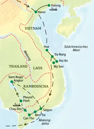 Reiseroute der Studiosus Studienreise durch Vietnam & Kambodscha, von Hanoi über Saigon und Phnom Penh bis nach Angkor Wat.