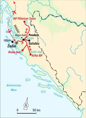 Karte der Wanderreise in Kroatien mit Basis in Posedarje und Touren zu den Plitvicer Seen, Krka und auf den Bojin Kuk.