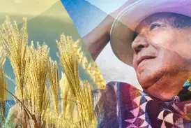 Nachdenkliches Porträt eines Einheimischen in Guatemala, kunstvoll überblendet mit einer Vulkanlandschaft und Gräsern.
