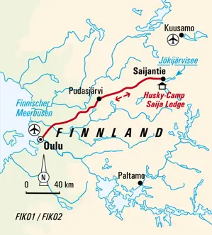 Karte der geführten Rundreise in Finnland, die von Oulu über Pudasjärvi zum Husky-Camp Saija Lodge bei Kuusamo führt.