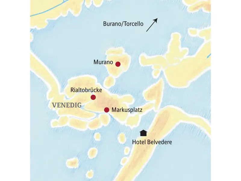 Karte der Studiosus Familienreise in Venedig mit Hotel Belvedere, Markusplatz, Rialtobrücke, Murano, Burano und Torcello.