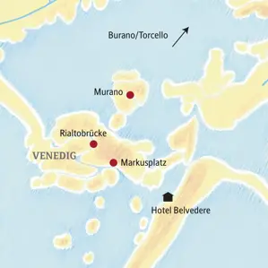 Karte der Studiosus Familienreise in Venedig mit Hotel Belvedere, Markusplatz, Rialtobrücke, Murano, Burano und Torcello.