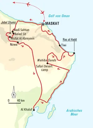 Routenverlauf der Hauser Trekkingreise im Oman, von Maskat über Jebel Shams und die Wahiba-Wüste bis zur Küste bei Sur.