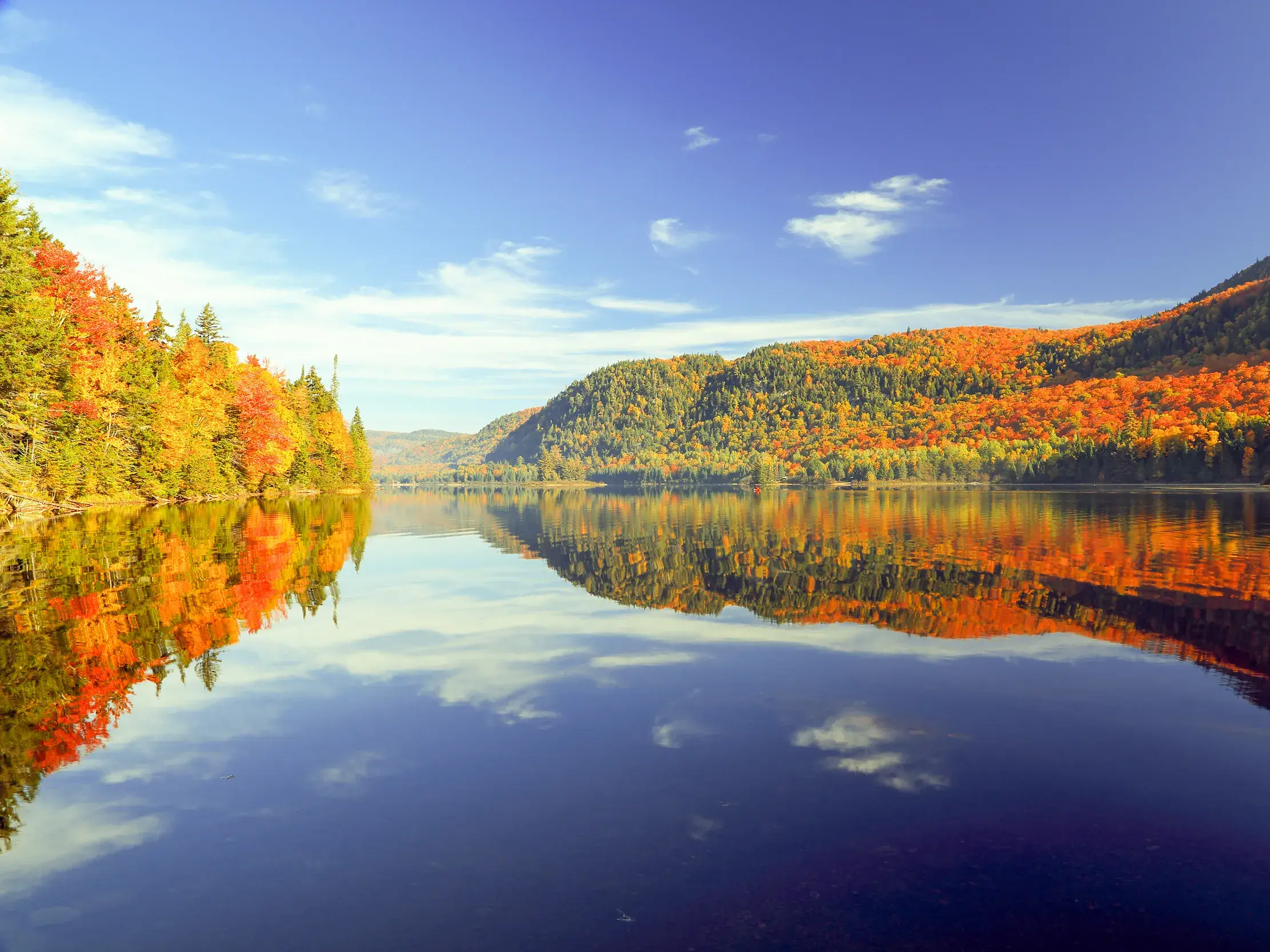 Indian Summer in Québec: Bunte Wälder und ein blauer Himmel spiegeln sich auf einem See im Jacques-Cartier-Nationalpark.
