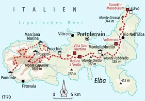 Karte der Trekkingreise auf Elba. Die Wanderroute auf dem GTE führt von Cavo im Osten über Procchio und Poggio nach Pomonte im Westen.