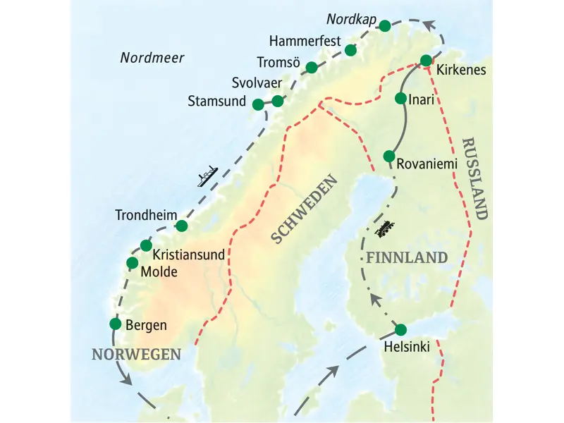 Reiseroute unserer Studienreise in Skandinavien: von Helsinki über Lappland nach Kirkenes und mit dem Postschiff die Küste bis Bergen.