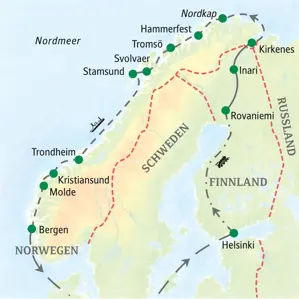 Reiseroute unserer Studienreise in Skandinavien: von Helsinki über Lappland nach Kirkenes und mit dem Postschiff die Küste bis Bergen.