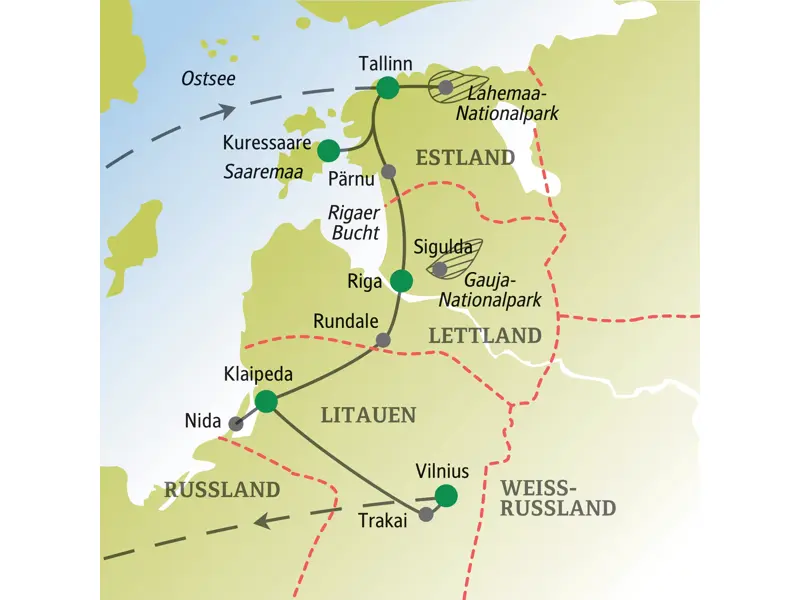 Karte der Singlereise im Baltikum: Route von Tallinn über Saaremaa, Riga und die Kurische Nehrung bis nach Vilnius.