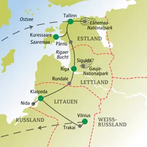 Karte der Singlereise im Baltikum: Route von Tallinn über Saaremaa, Riga und die Kurische Nehrung bis nach Vilnius.
