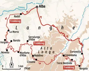 Karte der Trekkingreise in der Langhe. Die Route führt von Alba über La Morra, Barolo und Monforte d'Alba nach Cortemilia.