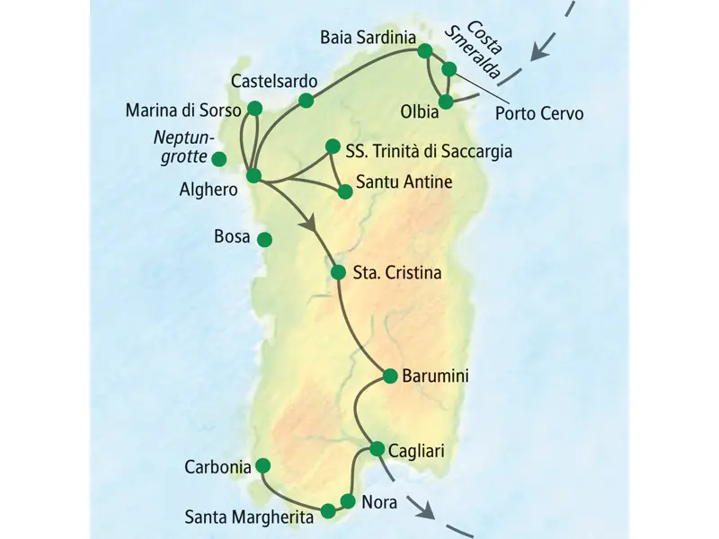 Reiseroute der Studiosus Studienreise auf Sardinien von Olbia an der Costa Smeralda über Alghero und Barumini nach Cagliari.