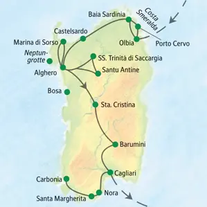 Reiseroute der Studiosus Studienreise auf Sardinien von Olbia an der Costa Smeralda über Alghero und Barumini nach Cagliari.