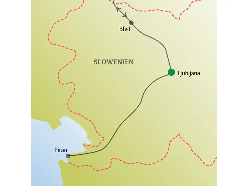 Karte der Reiseroute für die Studiosus Silvesterreise in Slowenien mit den Stationen Ljubljana, Bled und Piran an der Adria.