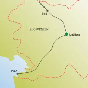 Karte der Reiseroute für die Studiosus Silvesterreise in Slowenien mit den Stationen Ljubljana, Bled und Piran an der Adria.