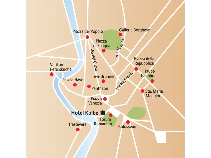 Karte der Studiosus Studienreise in Rom, die die Lage des Hotel Kolbe und Sehenswürdigkeiten wie Kolosseum und Pantheon zeigt.