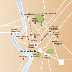 Karte der Studiosus Studienreise in Rom, die die Lage des Hotel Kolbe und Sehenswürdigkeiten wie Kolosseum und Pantheon zeigt.