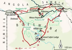 Karte der Reiseroute in Botswana & Simbabwe: Von Maun ins Okavango Delta, Hwange & Chobe Nationalpark bis zu den Victoria Falls.