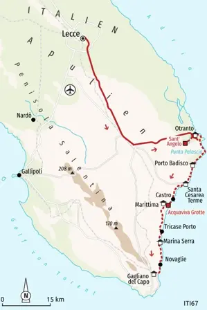 Karte der Trekkingreise in Apulien. Die Route führt von Lecce über Otranto und entlang der Küste nach Gagliano del Capo.