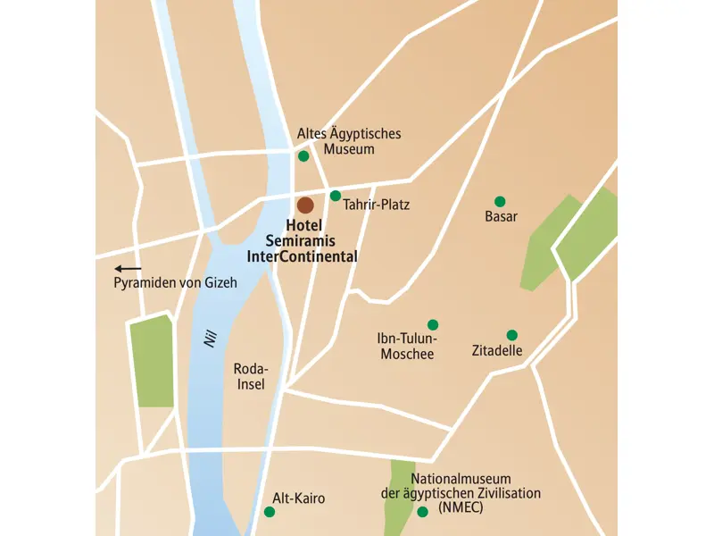Karte der Studiosus Städtereise Kairo mit dem Hotel am Nil und Zielen wie Pyramiden, Museen, Alt-Kairo und der Zitadelle.
