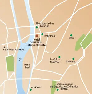 Karte der Studiosus Städtereise Kairo mit dem Hotel am Nil und Zielen wie Pyramiden, Museen, Alt-Kairo und der Zitadelle.