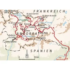 Karte der Wanderreise in Andorra, die von Soldeu aus zu Gipfeln wie Pic de la Serrera und ins UNESCO-Welterbe Madriu-Tal führt.