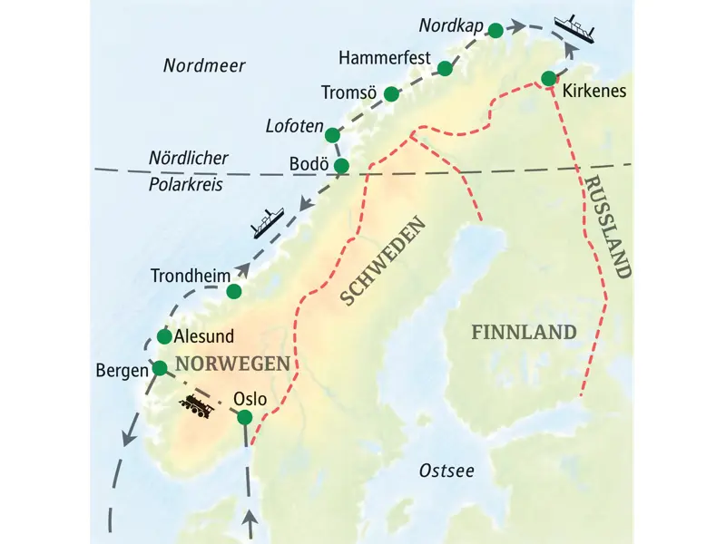 Karte der Norwegen Studienreise: Route per Bahn von Oslo nach Bergen, dann als Kreuzfahrt entlang der Küste zum Nordkap.