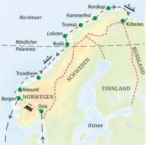 Karte der Norwegen Studienreise: Route per Bahn von Oslo nach Bergen, dann als Kreuzfahrt entlang der Küste zum Nordkap.