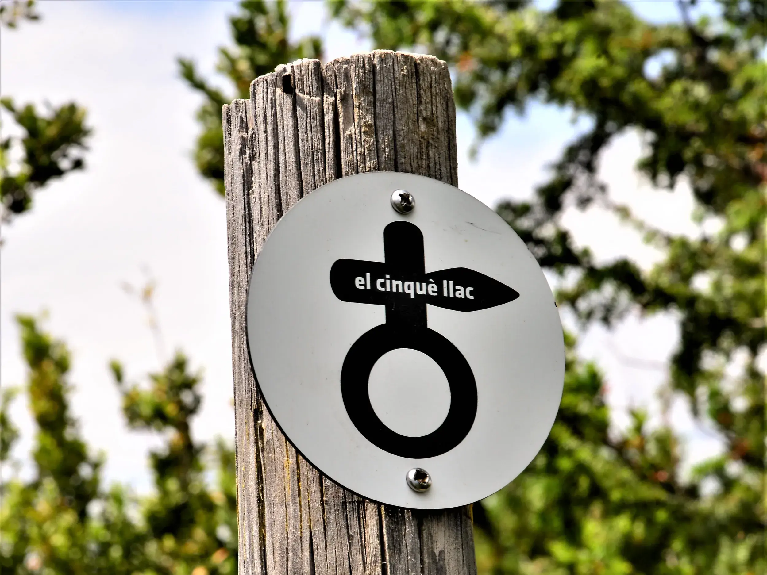 Runder Wegweiser mit dem Logo des Wanderwegs 'El Cinqué Llac', der an einem Holzpfosten in den Pyrenäen die Richtung weist.