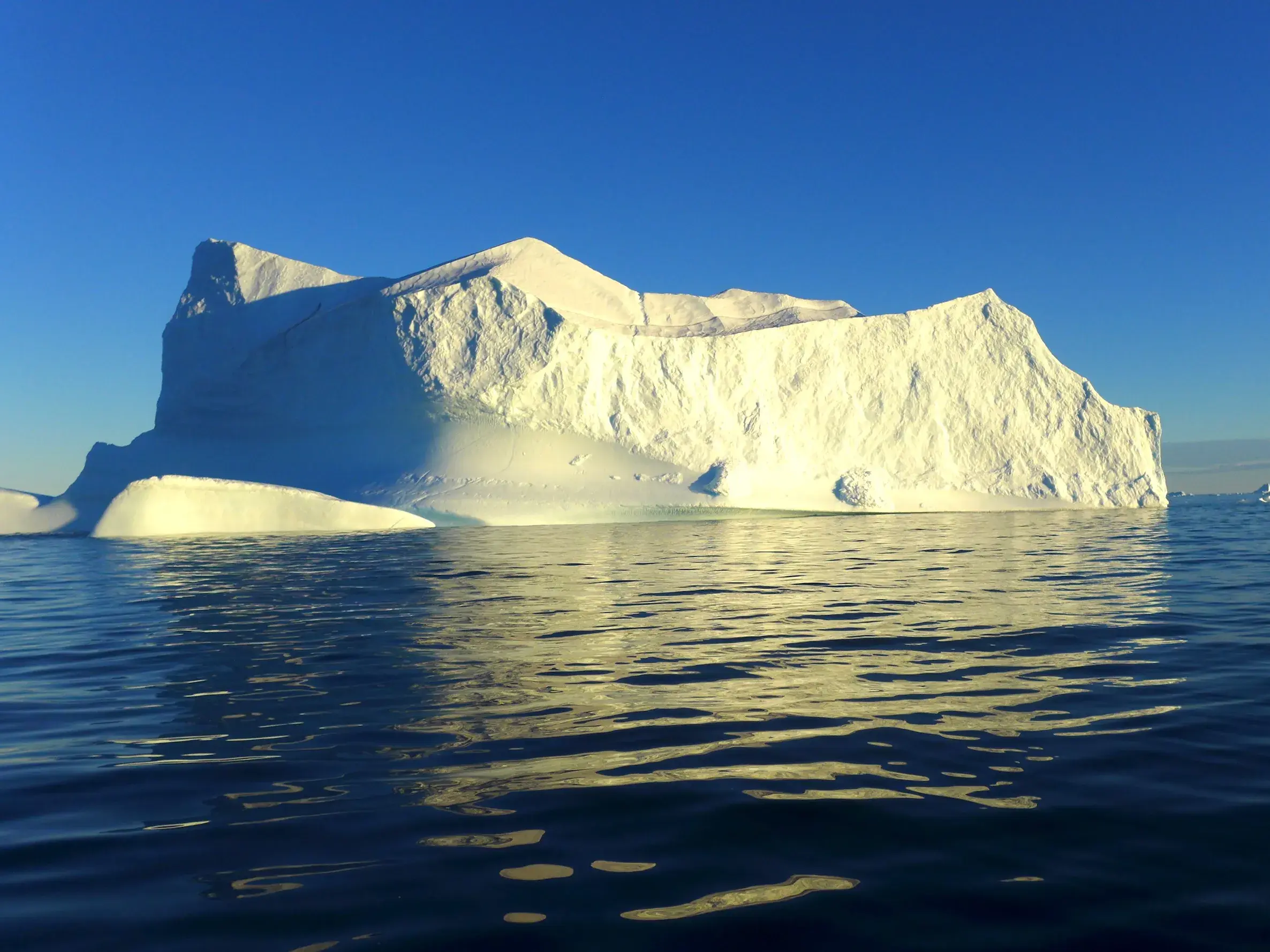 Gewaltiger Eisberg treibt bei Sonnenschein im tiefblauen Wasser eines Fjords während einer Trekkingreise in Ostgrönland.