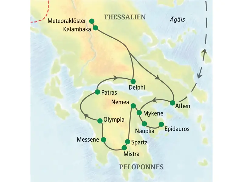 Karte der Studiosus-Studienreise durch Griechenland: Route von Athen über Mykene und Olympia nach Delphi und Meteoraklöster.