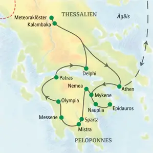 Karte der Studiosus-Studienreise durch Griechenland: Route von Athen über Mykene und Olympia nach Delphi und Meteoraklöster.