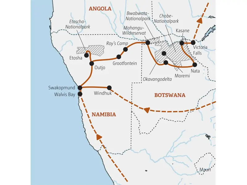 Karte der geführten Rundreise durch Namibia & Botswana von Swakopmund über Etoscha, Okavango und Chobe zu den Victoriafällen.