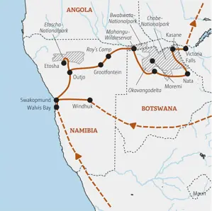 Karte der geführten Rundreise durch Namibia & Botswana von Swakopmund über Etoscha, Okavango und Chobe zu den Victoriafällen.