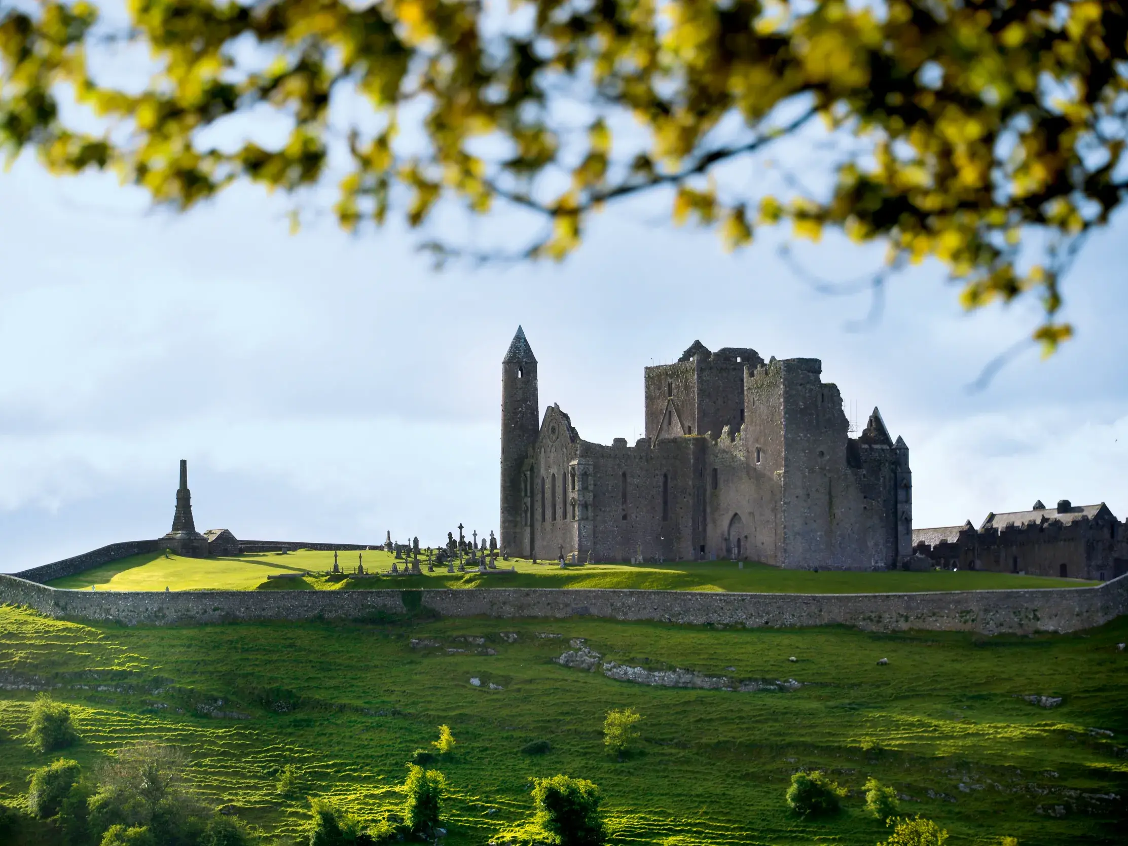 Der historische Rock of Cashel, eine Festungsanlage mit Rundturm, auf einem grünen Hügel in Irland bei sonnigem Wetter.